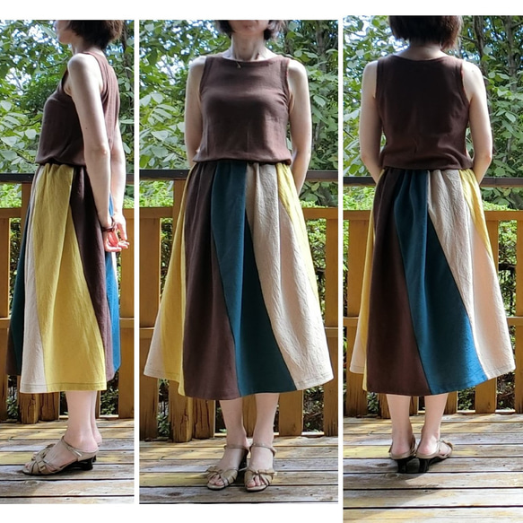 【綿麻】エスカルゴ風 配色スカート（青系）L-75　ｳｴｽﾄｺﾞﾑ 8枚目の画像