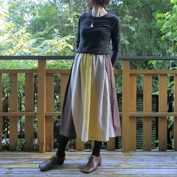 【綿麻】エスカルゴ風 配色スカート（黄系）L-75　ｳｴｽﾄｺﾞﾑ 11枚目の画像