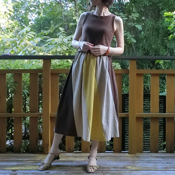 【綿麻】エスカルゴ風 配色スカート（黄系）L-75　ｳｴｽﾄｺﾞﾑ 3枚目の画像