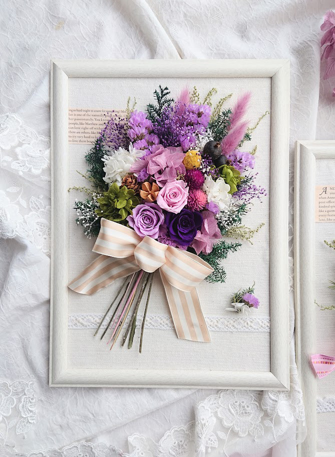 《受注生産品》フレームアレンジ・パープル（壁掛けOK）プリザーブドフラワー使用【名入れ可能】　ウェルカムボード