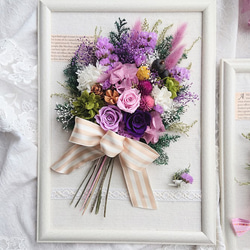 プリザーブドフラワー　パープルフォトフレームアレンジメント 受注生産品》フレームアレンジ・パープル（壁掛けOK）プリザーブド