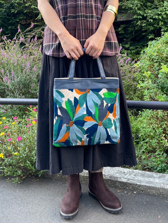 花刺繍】トートバッグ【送料無料】青系 トートバッグ クラフト