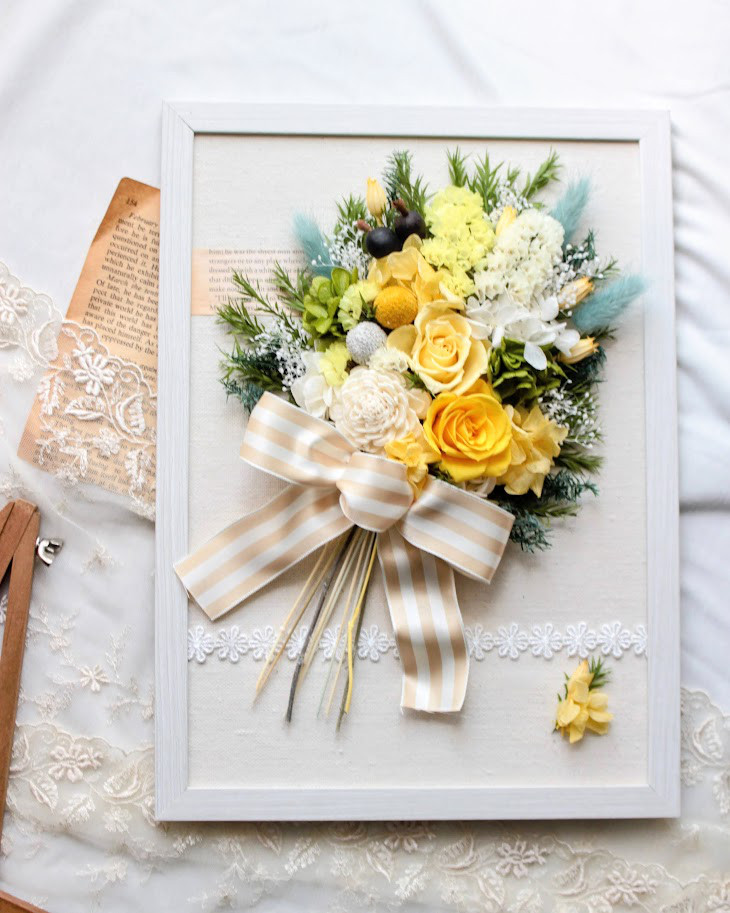 《受注生産品》フレームアレンジ・イエロー（壁掛けOK）プリザーブドフラワー使用【名入れ可能】　ウェルカムボード