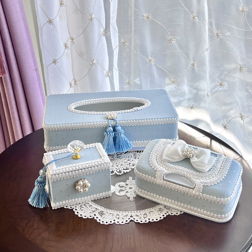 水色 大人可愛いインテリア 3点セット ティッシュケース 綿棒ケース