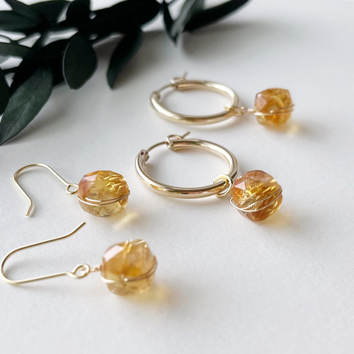 ファントムシトリン✳︎キューブカットの【チャーム】【ピアス 
