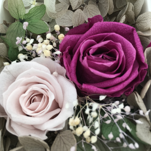 プリザーブドフラワー ボックス アレンジ 紫 ローズ バラ アジサイ