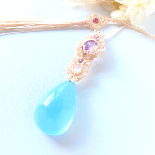 大粒アクアマリン×アメジスト×レインボームーンストーンのマクラメ