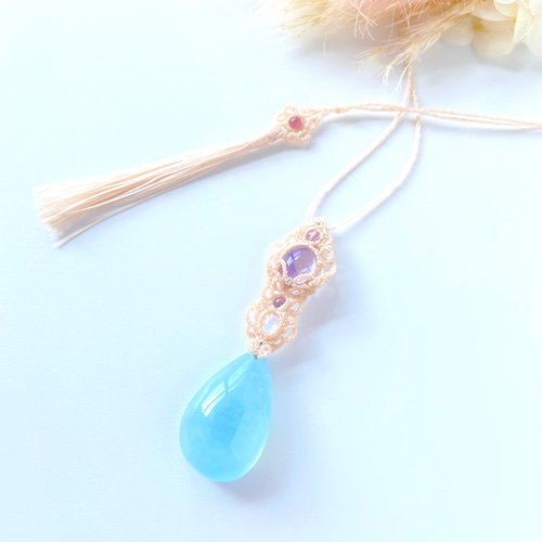 大粒アクアマリン×アメジスト×レインボームーンストーンのマクラメ