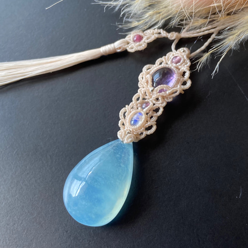 大粒アクアマリン×アメジスト×レインボームーンストーンのマクラメ