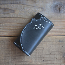 コゲちゃん　キーケース４連　スマートキー対応　栃木レザー　黒　手縫い　本革　皮　 Leather　猫 1枚目の画像