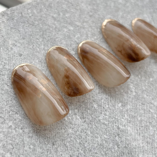 ニュアンスネイル ミラー フレンチ ネイルチップ ハンドメイド ミラーフレンチネイルチップ♡ニュアンスネイル/秋/ブラウン/べ