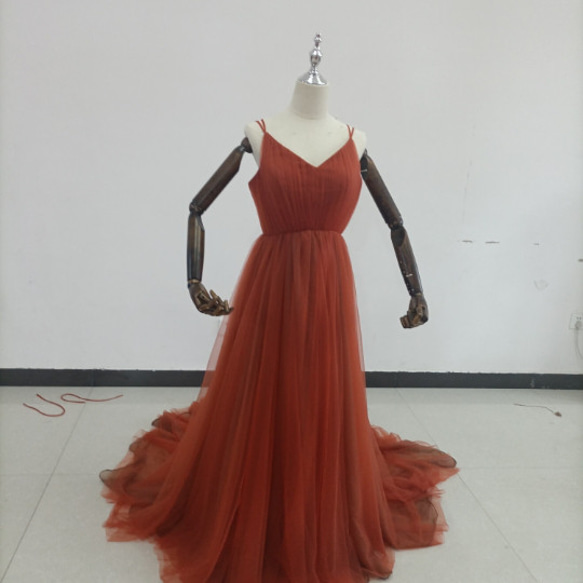 カラードレス テラコッタ色 ソフトチュール Vネック キャミソール  