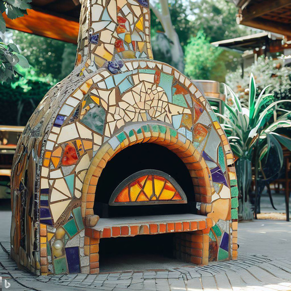 ピザ窯のモザイクタイル施工　オーダー　タイル　ピザ窯　PIZZA　タイル　施工 