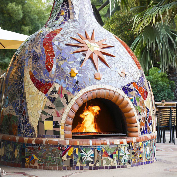 ピザ窯のモザイクタイル施工　オーダー　タイル　ピザ窯　PIZZA　タイル　施工 