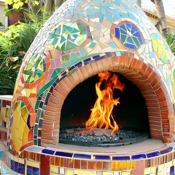 ピザ窯のモザイクタイル施工　オーダー　タイル　ピザ窯　PIZZA　タイル　施工 