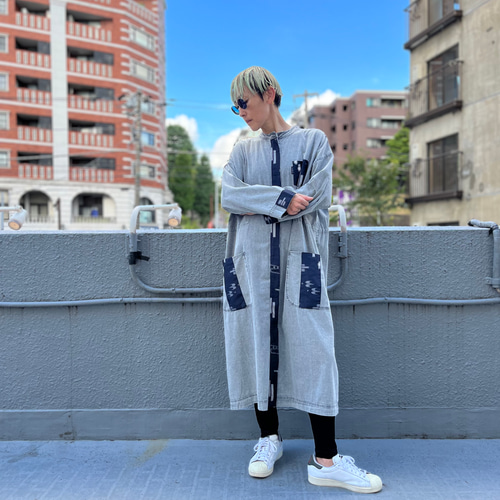 画伯のコート ユニセックス 紬パッチワーク ワンピース風デニムコート  