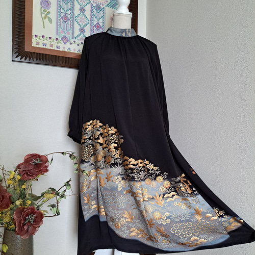 ☆ 着物リメイク/黒留袖/ラグランスリーブ/ハイネックワンピ―ス/一点物  