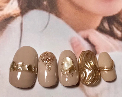 no.023 ベージュ ゴールド 結婚式 成人式 振袖 卒業式 ネイルチップ