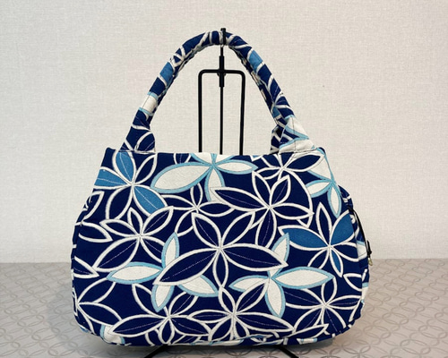 軽量】着物リメイクトート あおりトートバッグ・大 青・大花柄 一点