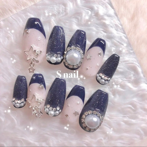 ネイルチップ ピンク ネイビー 星 ストーン パール 韓国 ガーリー