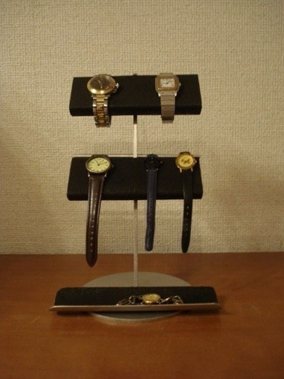 腕時計スタンド　ブラック革バンド＆メタルバンド4本掛けトレイ付き腕時計スタンド　 2枚目の画像