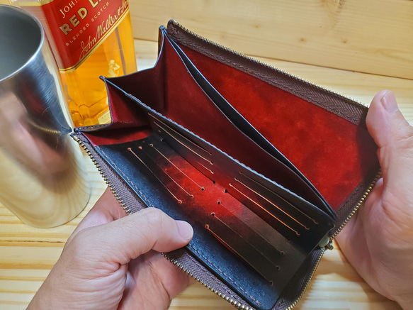 ラウンドファスナー長財布【アンティーク染】赤色【本革ヌメ】手