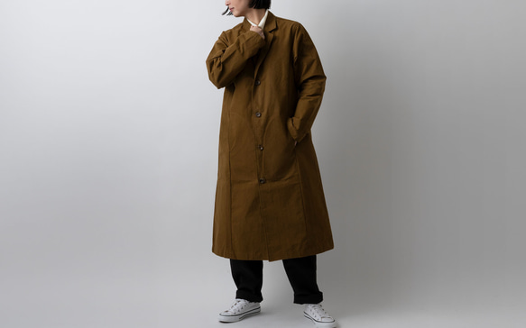 [補貨] yohaku 淺黃色布料長夾克卡其棕色 | 男女皆宜 2 種尺寸 第5張的照片