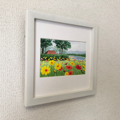 キバナコスモスのフィールド04」透明水彩画 原画 風景画 額縁付
