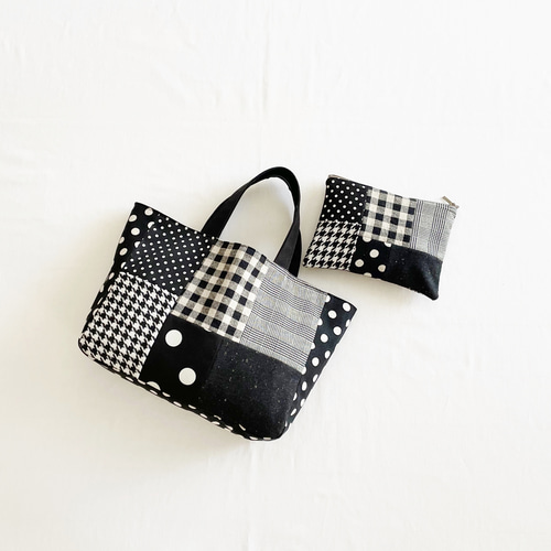 秋冬ウール混 パッチワークバッグ ドット チェック モノトーン【書籍
