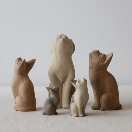 ラスト2 5匹セット 天然無垢ウッド 木彫り 見上げる猫一家 ネコ