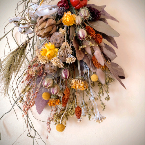 H約45cm◇ハロウィンスワッグ◇ソラナムパンプキン オレンジイエローの