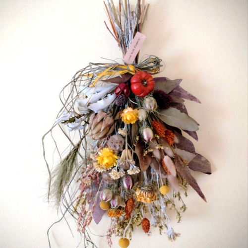 H約45cm◇ハロウィンスワッグ◇ソラナムパンプキン オレンジイエローの