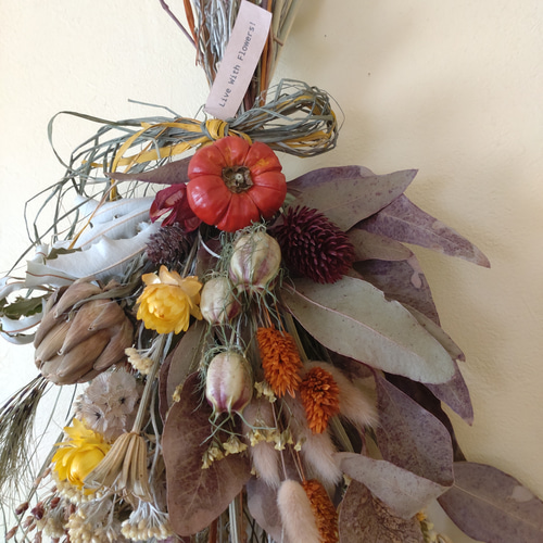 H約45cm◇ハロウィンスワッグ◇ソラナムパンプキン オレンジイエローの