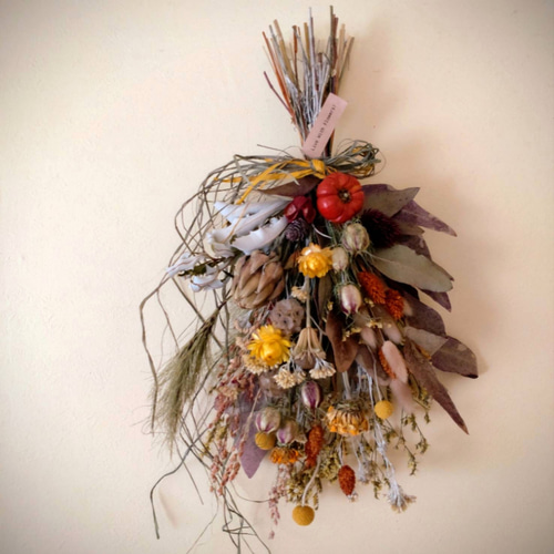 H約45cm◇ハロウィンスワッグ◇ソラナムパンプキン オレンジイエローの