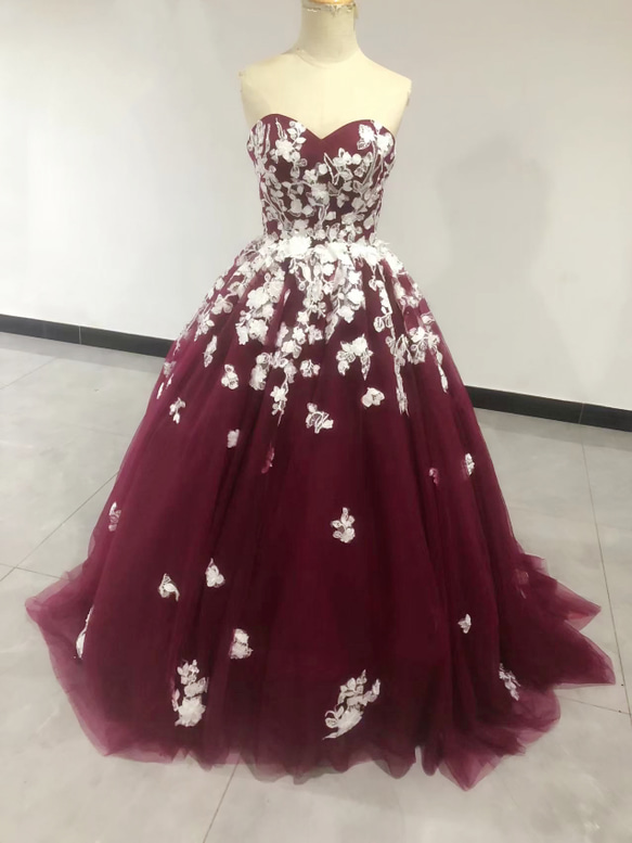 カラードレス ワインレッド 刺繍 ベアトップ レース エレガント 花嫁  