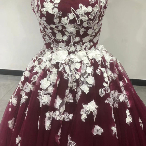 カラードレス ワインレッド 刺繍 ベアトップ レース エレガント 花嫁  