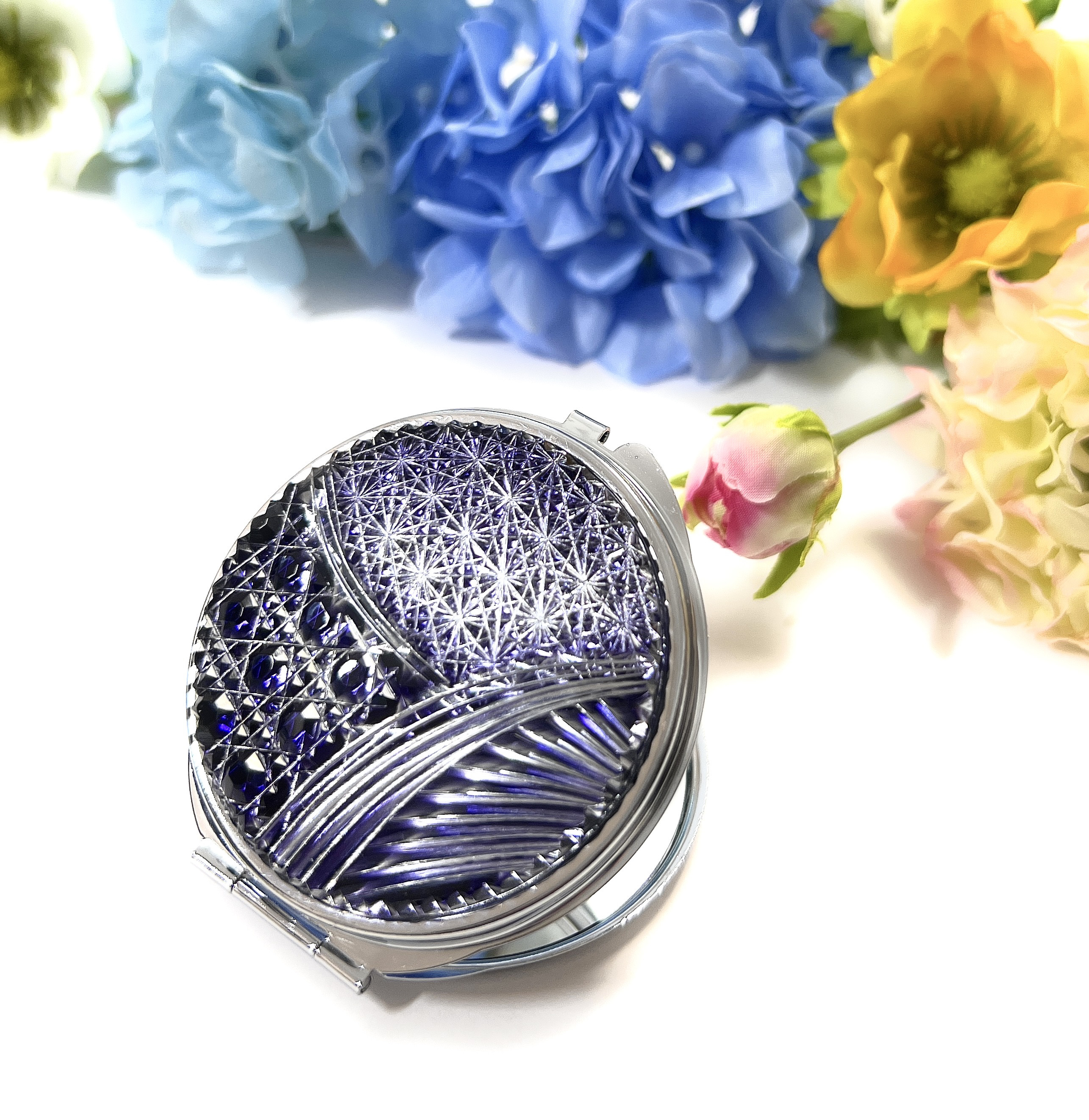 「縁起ミラー」東京切子コンパクトミラー　宝船　～たからぶね～　紫　Silver