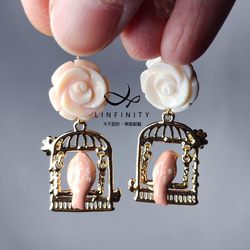 門市周年慶-全館5折天然 女皇貝 粉硨磲 玫瑰 花 琺瑯 鳥 鞦韆 不對稱設計 耳環 單品 第3張的照片