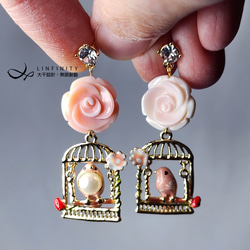 門市周年慶-全館5折天然 女皇貝 粉硨磲 玫瑰 花 琺瑯 鳥 鞦韆 不對稱設計 耳環 單品 第1張的照片