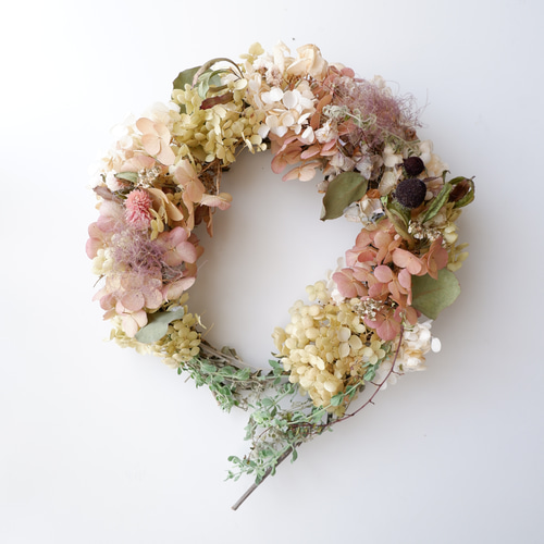 ドライフラワーリース＊ハンドメイド＊紫陽花あじさいリース＊フラワーリース⑲ 特集掲載☆ ドライフラワーカラーの紫陽花リース リース アン