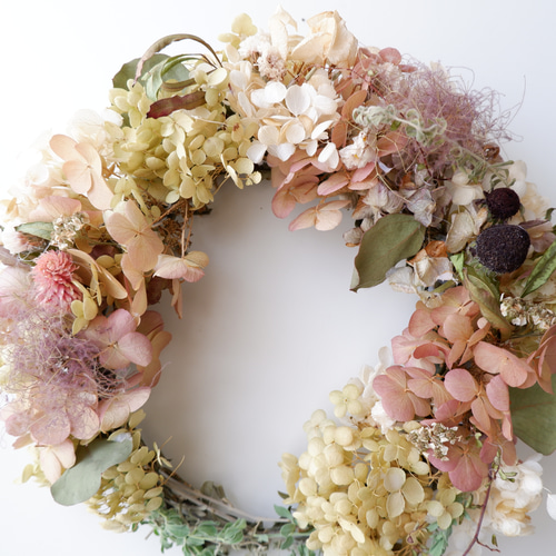 jade] wreath 秋色アジサイとポポラスリーフのアシンメトリー