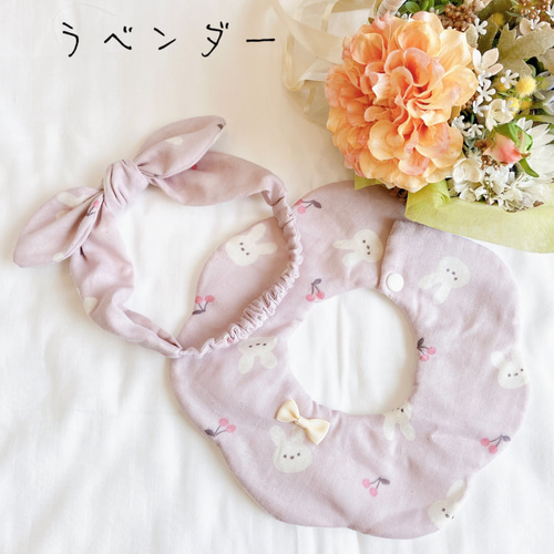 ☆送料無料☆ うさぎとさくらんぼ ダブルガーゼ りぼんヘアバンドの360 