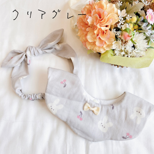 ☆送料無料☆ うさぎとさくらんぼ ダブルガーゼ りぼんヘアバンドの360 