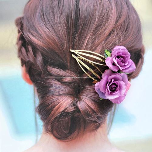 香り立つような紫のバラのヘアピン 2本セット ローズ ヘアアクセサリー