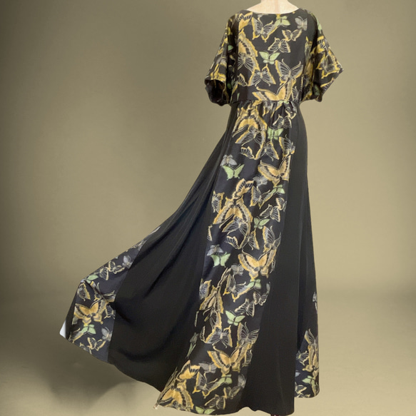 蝶々柄 華やぐステージ映えワンピ 高身長 トールサイズ対応 パニエ対応 着物リメイク ワンピース チョウ柄 6枚目の画像