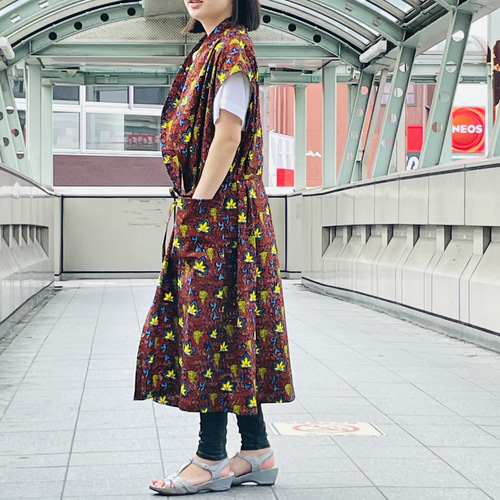 アフリカンプリントのロングジレ ふわっと一枚 ベスト アトリエ・ヌウ 