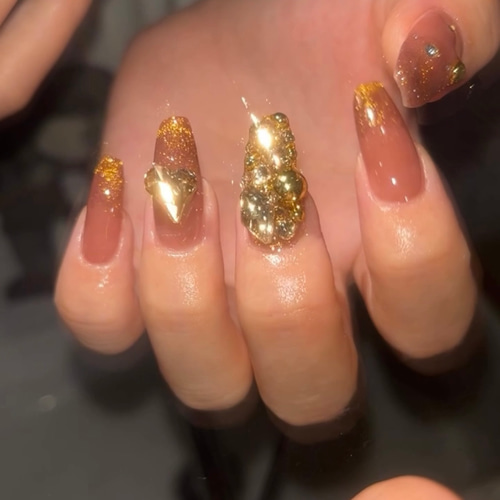 No.71】秋ゴールドマグフレンチ 埋めつくし ワンホン ネイルチップ  