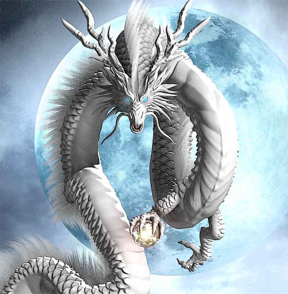 龍の絵「月光３・白龍」自作A4　竜の絵 2枚目の画像