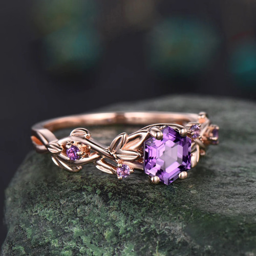 天然紫水晶 指輪 紫水晶戒指 ビンテージ六角カット 紫水晶 エンゲージリング リーフ