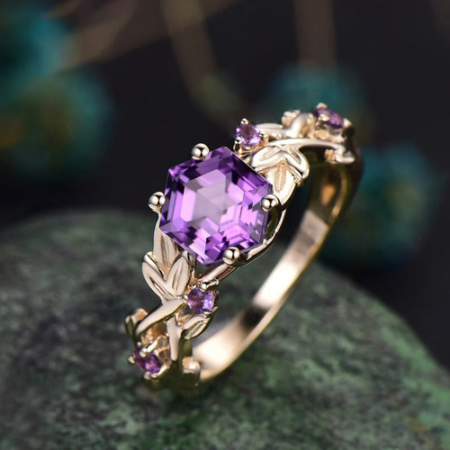 紫水晶戒指 ビンテージ六角カット 紫水晶 エンゲージリング リーフ